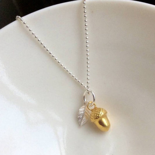 Acorn and  leaf necklace in silver and gold vermeil