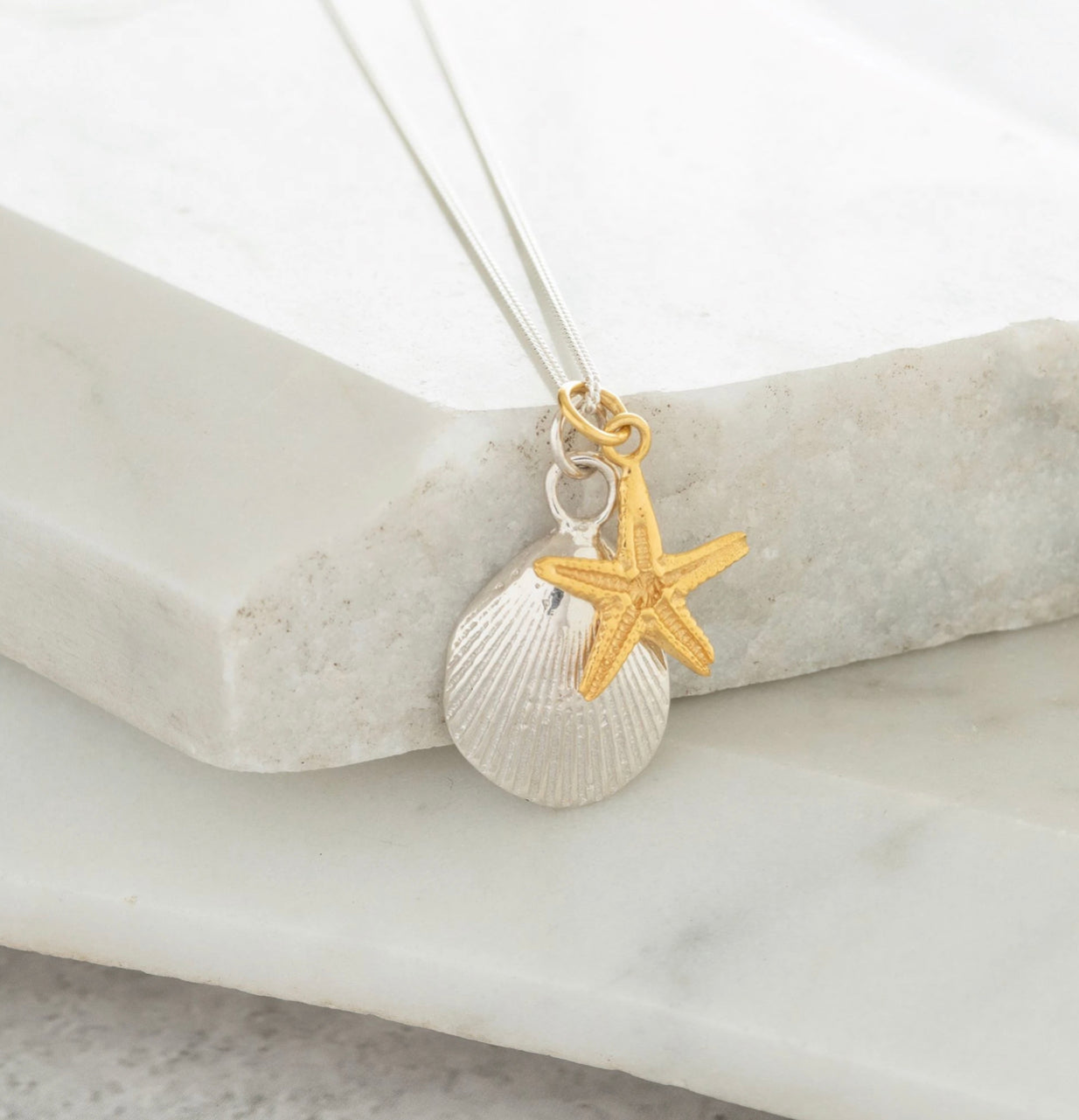 Shell and starfish necklace in silver and gold vermeil