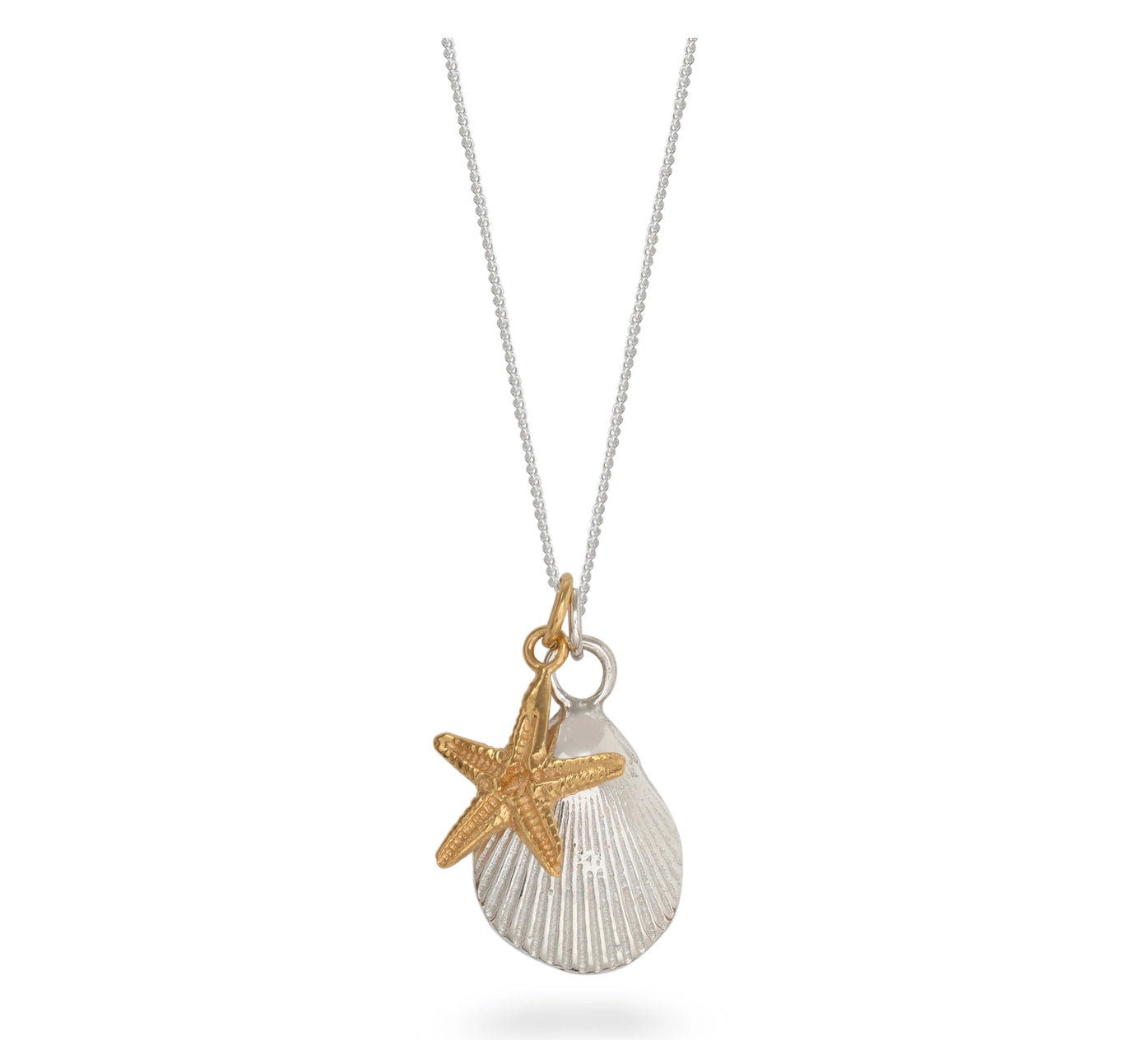 Shell and starfish necklace in silver and gold vermeil
